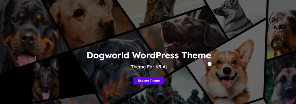 Професійна тема WordPress для заводчиків собак та ветеринарних клінік Dogworld — головний банер із колажем різних порід.