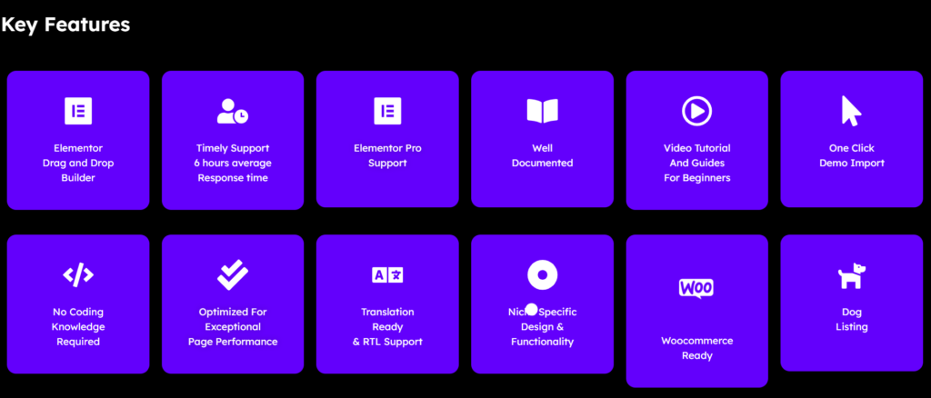 Ключові особливості теми Dogworld: підтримка Elementor Pro, WooCommerce та швидкий імпорт демо-даних. Професійна тема WordPress для заводчиків собак.