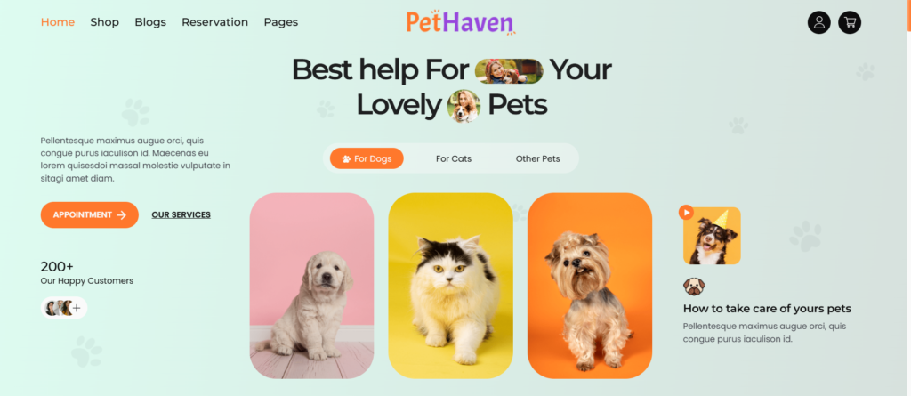 Демонстрація головного екрана шаблону «Pet Haven – послуги догляду за домашніми тваринами» з фотографіями собаки та кішки.
